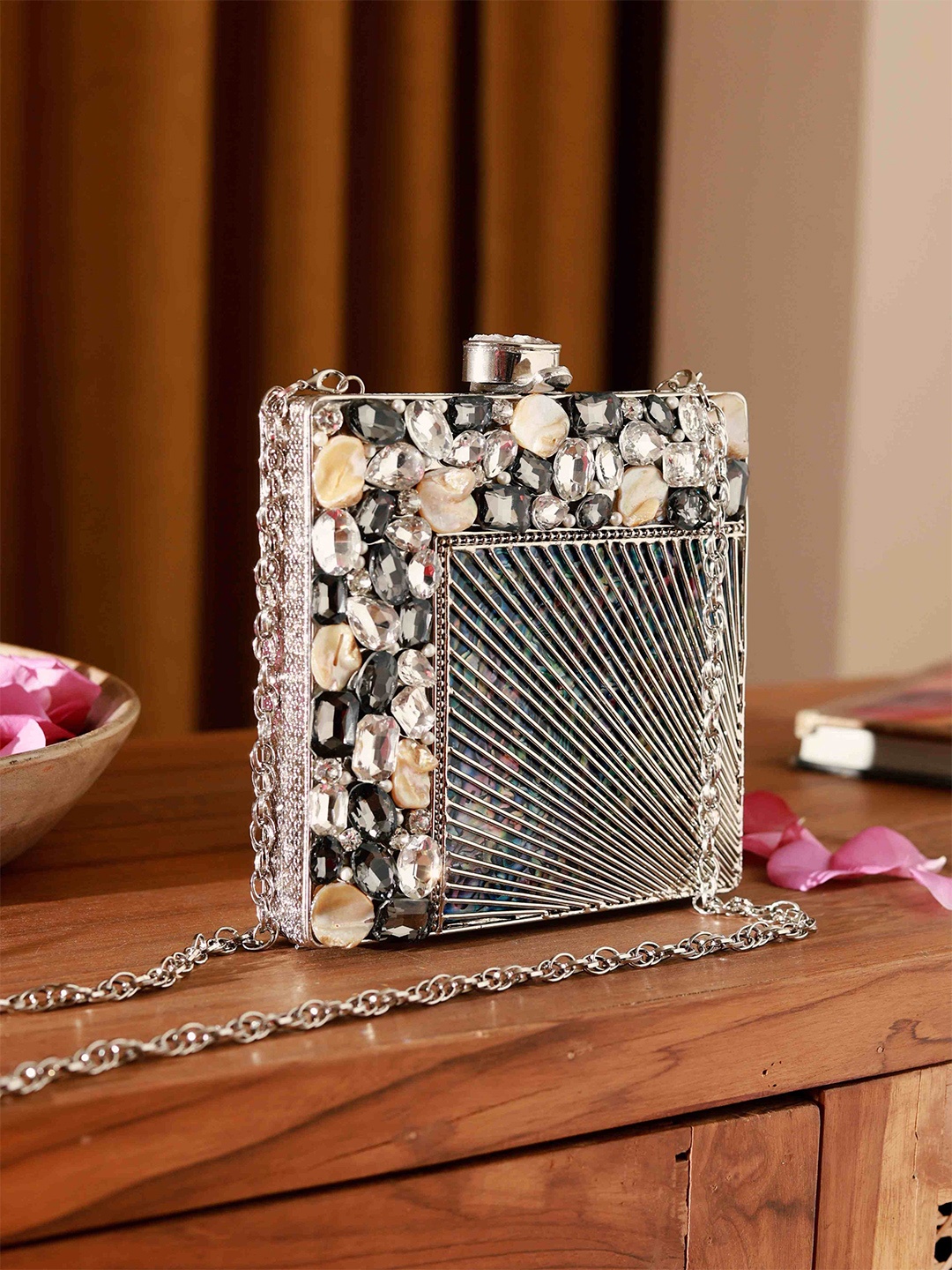 

THE TAN CLAN Embellished Box Clutch, Silver