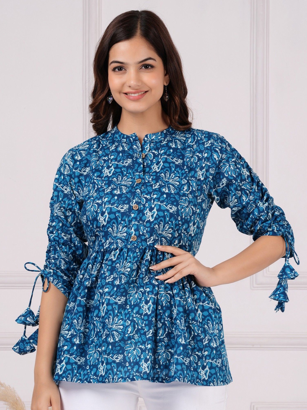 

Royal Marque Women Floral Printed Mandarin Collar Cotton Top, Blue