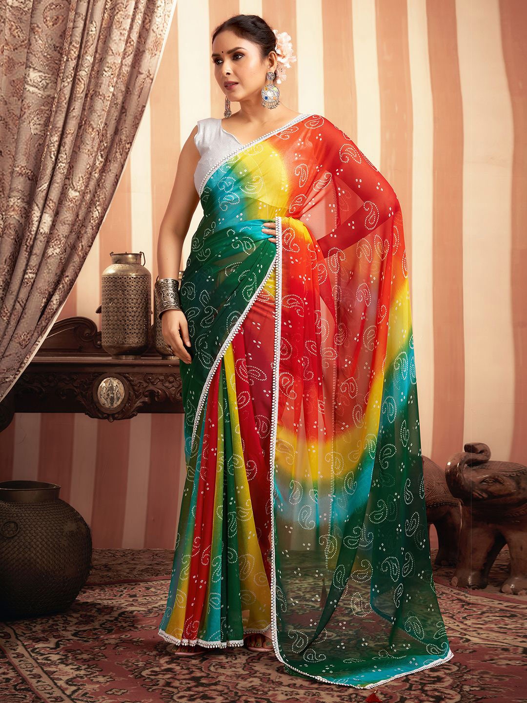 

Mitera Bandhani Printed Pure Georgette Sungudi Saree, Red