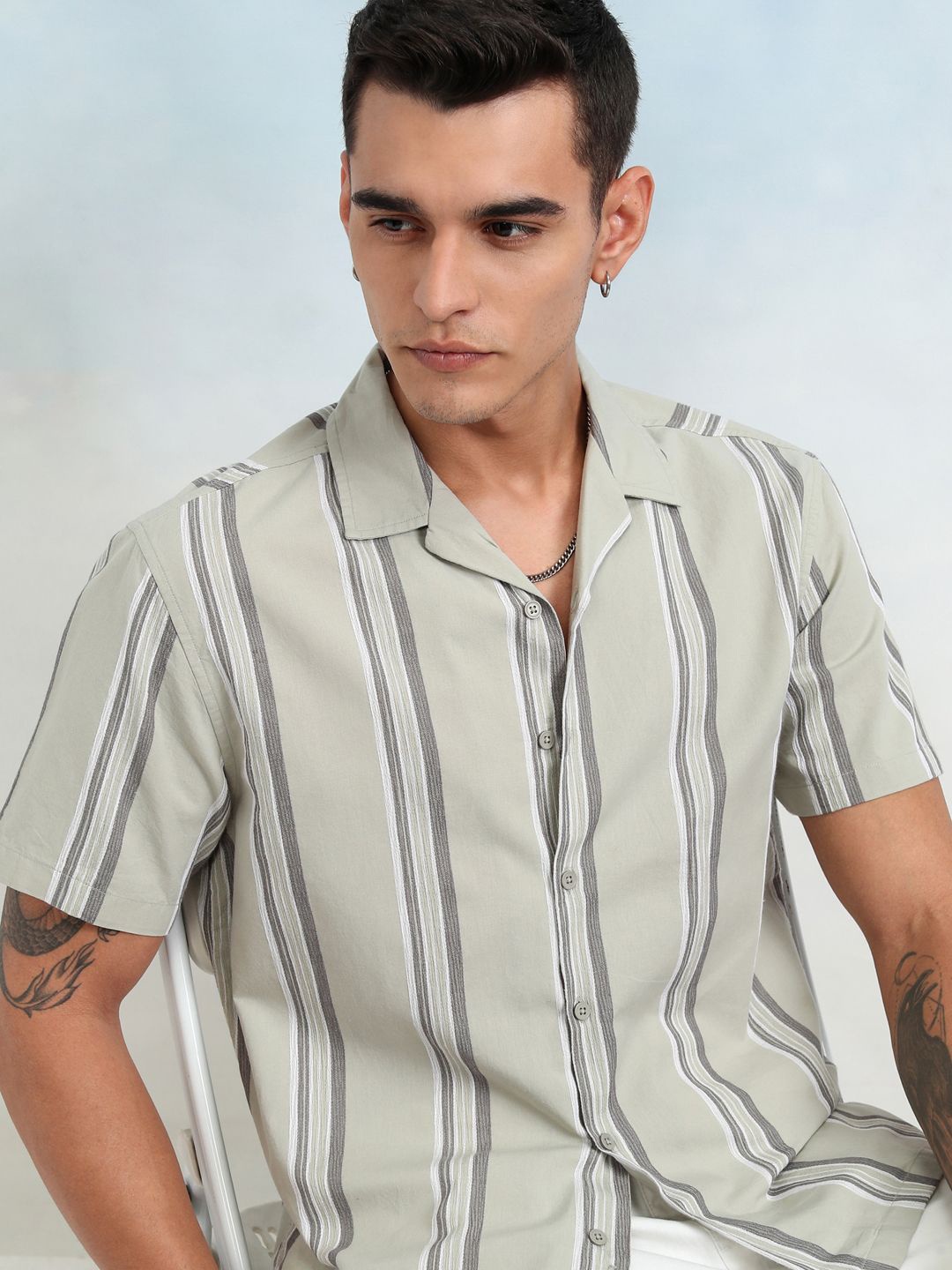 

HIGHLANDER Men Dobby Textured Striped Cuban Collar Relaxed Shirt, Olive