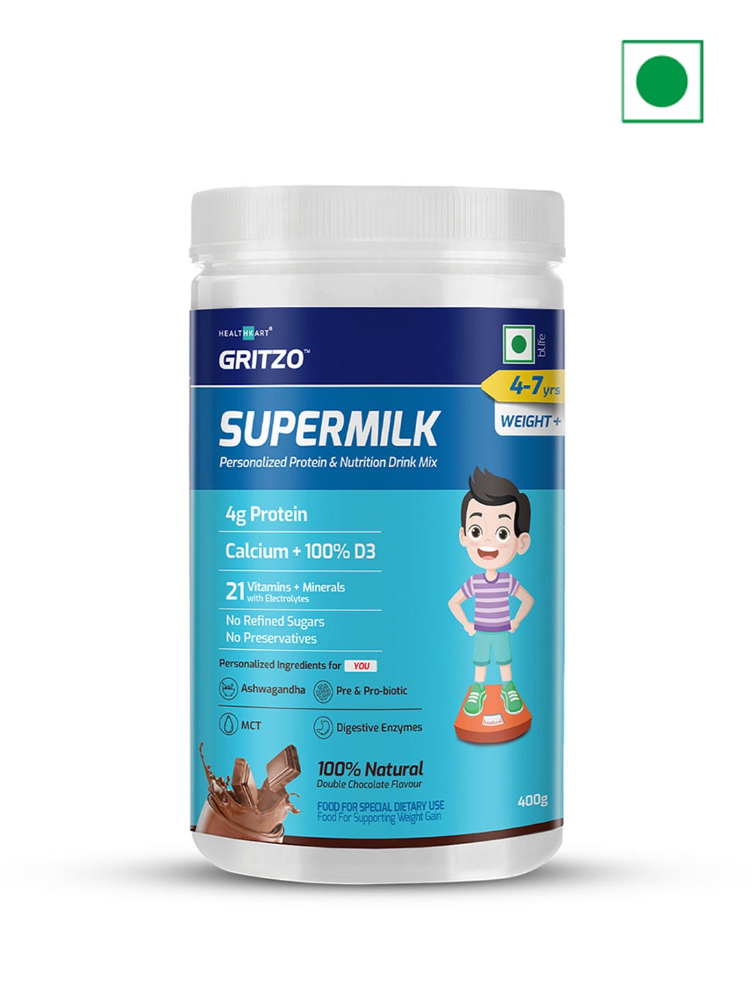 

Gritzo SuperMilk Weight+4-7y Kids-4g Protein-Double Chocolate-400g, Brown