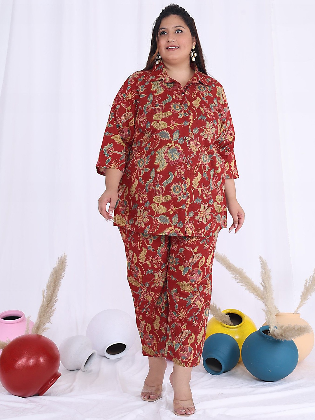 

KALINI Floral Printed Pure Cotton Shirt With Trouser, Red