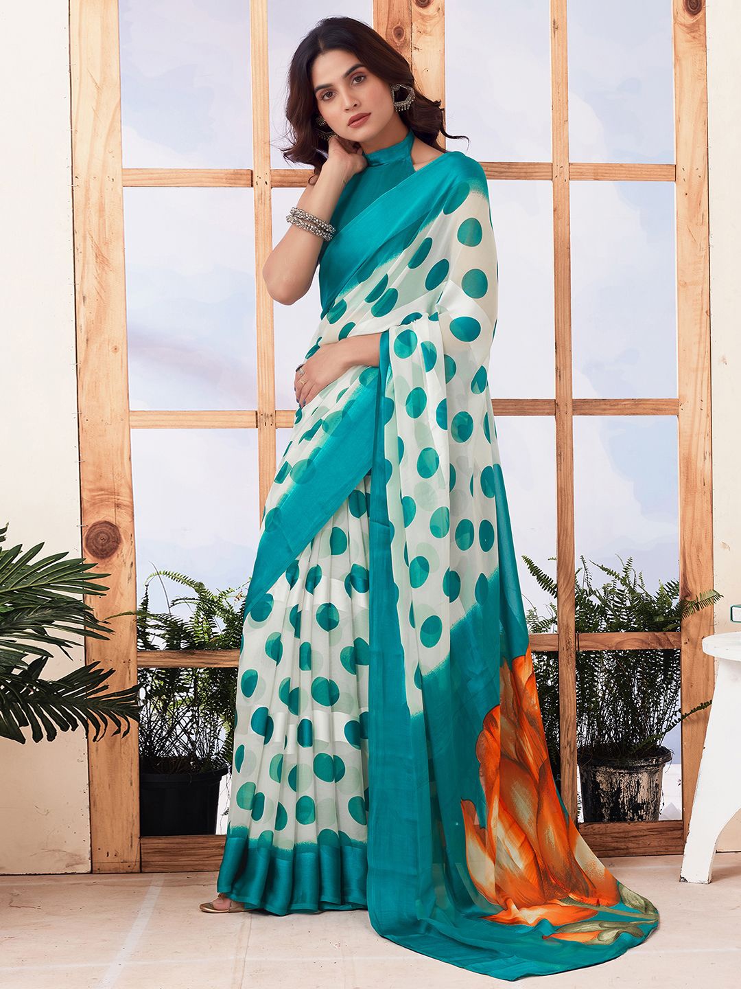 

KALINI Polka Dot Printed Pure Georgette Muga Saree, Blue