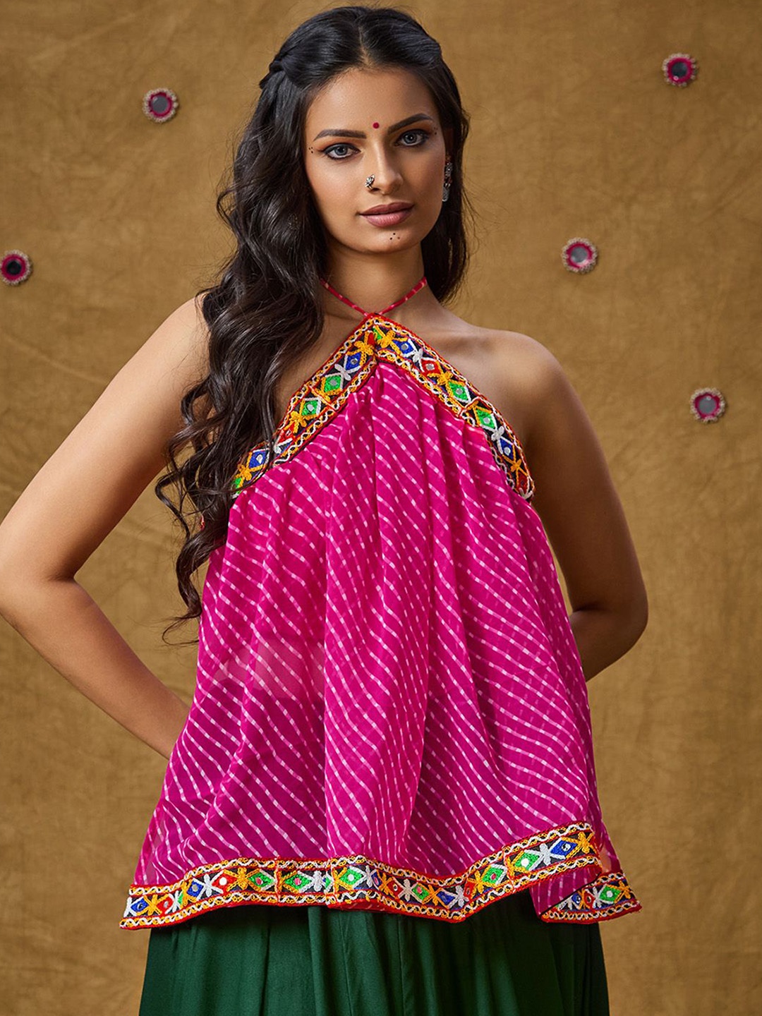 

SALWAR STUDIO Embroidered Ethnic Motifs Halter Neck Padded Top, Pink