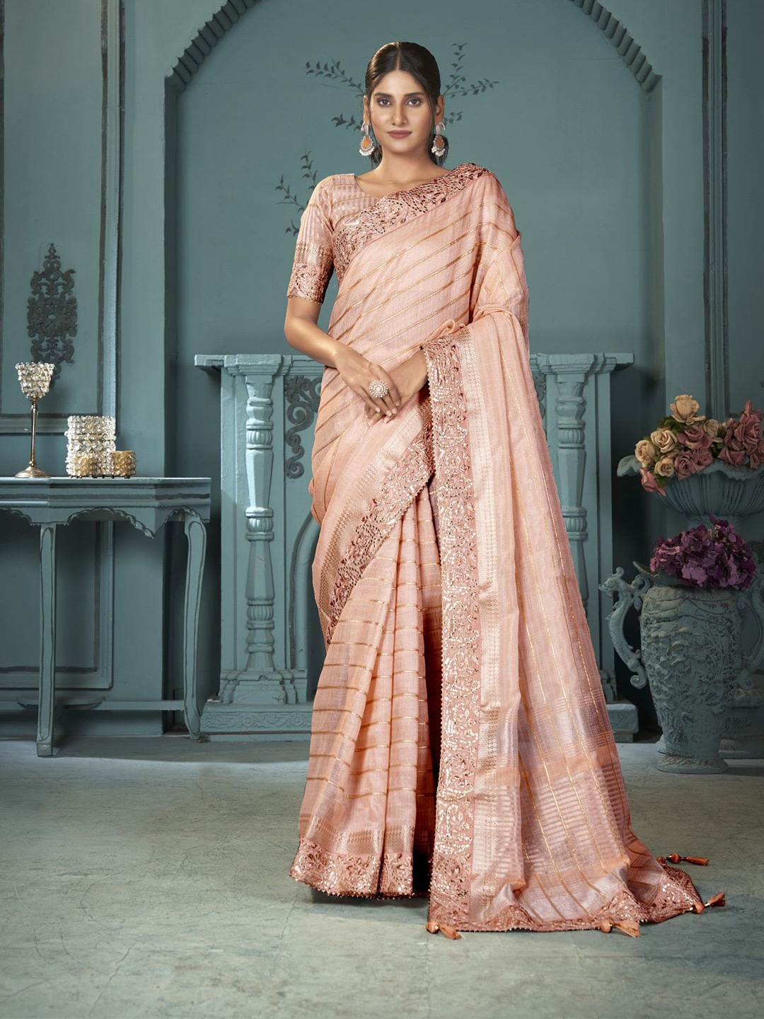 

Panzora Woven Design Embroidered Striped Zari Saree, Orange