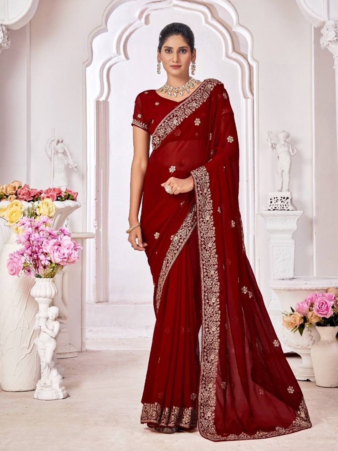 

Kalista Floral Embroidered Embellished Pure Georgette Saree, Maroon