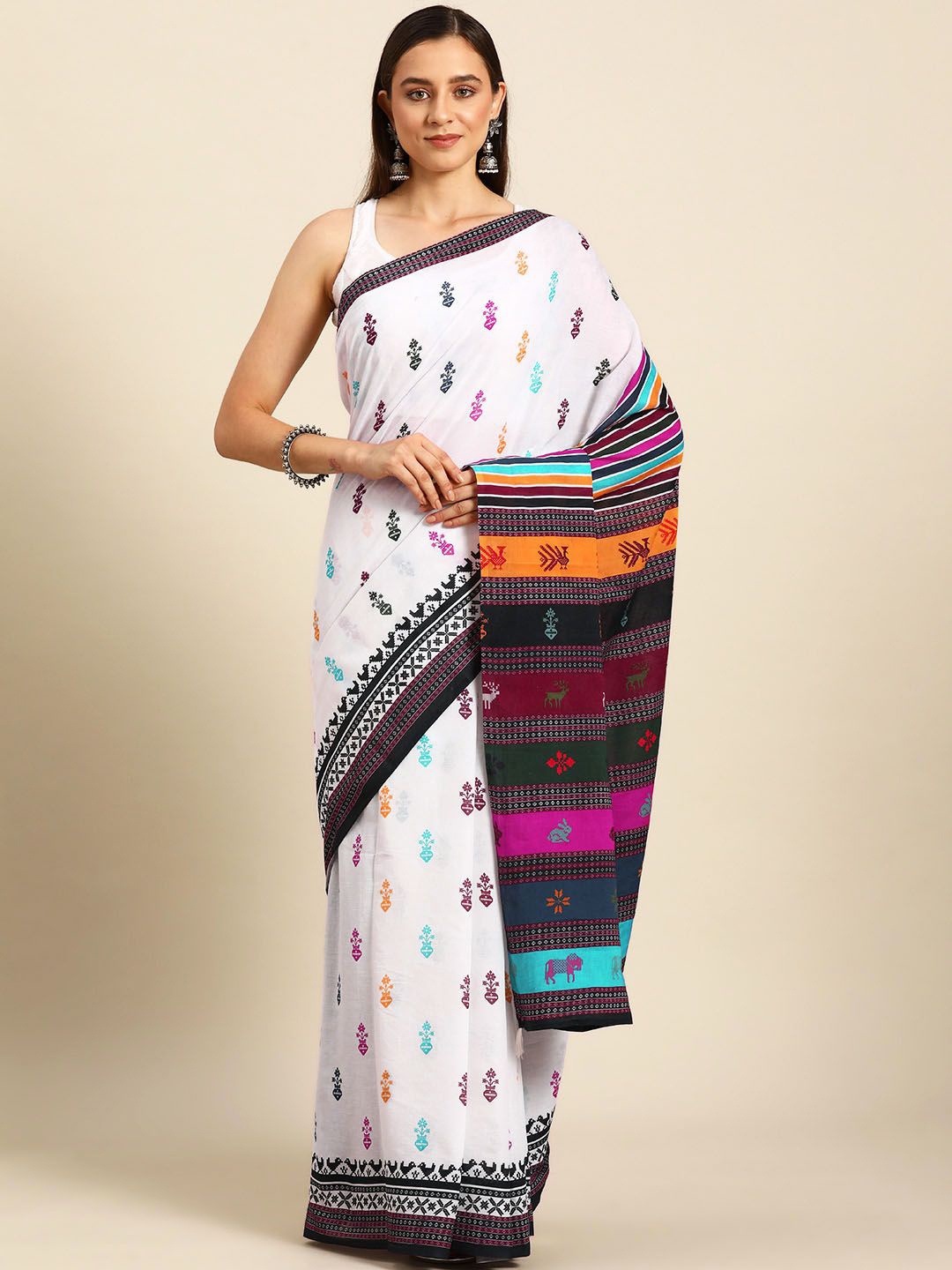 

BUTA BUTI Ethnic Motifs Printed Pure Cotton Saree, White