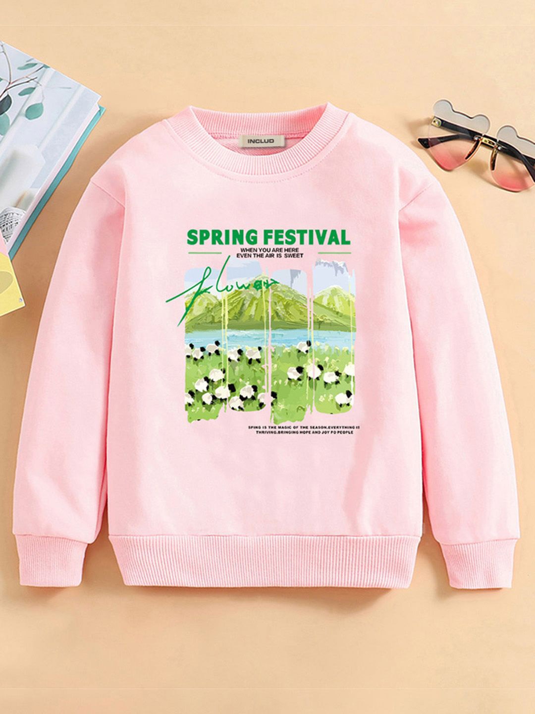 

INCLUD Girls Graphic Printed Cotton Sweatshirt, Pink