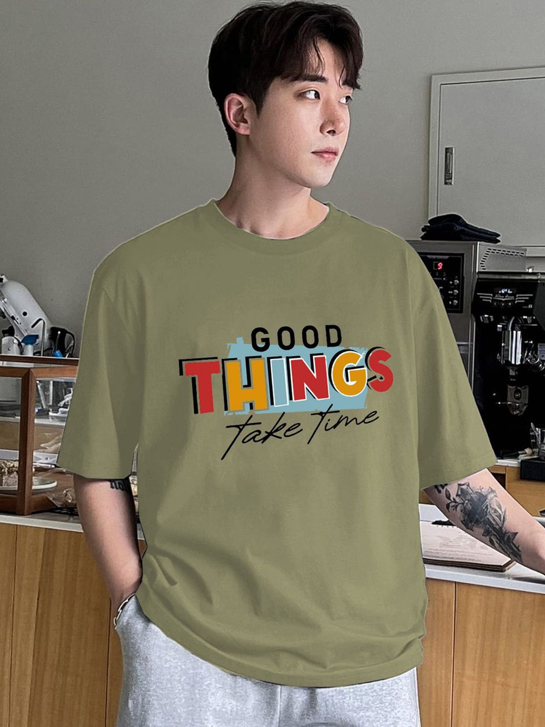 

Genzy Men Typography Printed Drop-Shoulder Sleeves Cotton Applique T-shirt, Teal