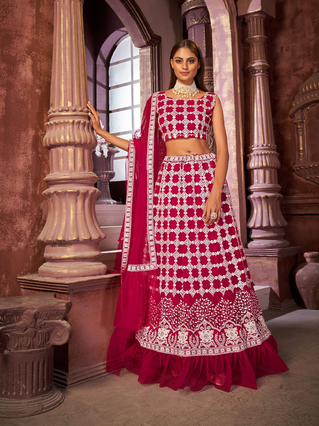 

VARNI FABRICS Embroidered Net Semi-Stitched Lehenga & Unstitched Blouse With Dupatta, Pink