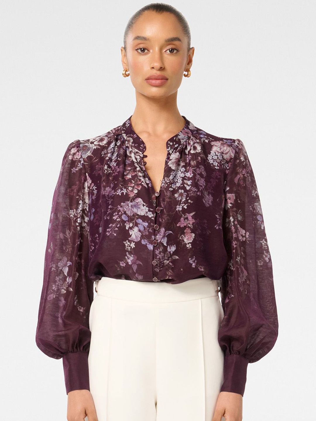 

Forever New Women Floral Printed Mandarin Collar Top, Maroon