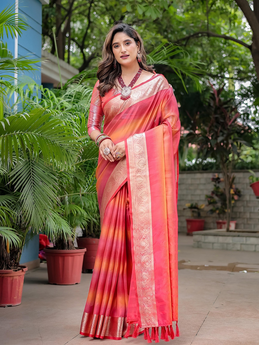 

Mitera Women Woven Design Striped Sarees, Red