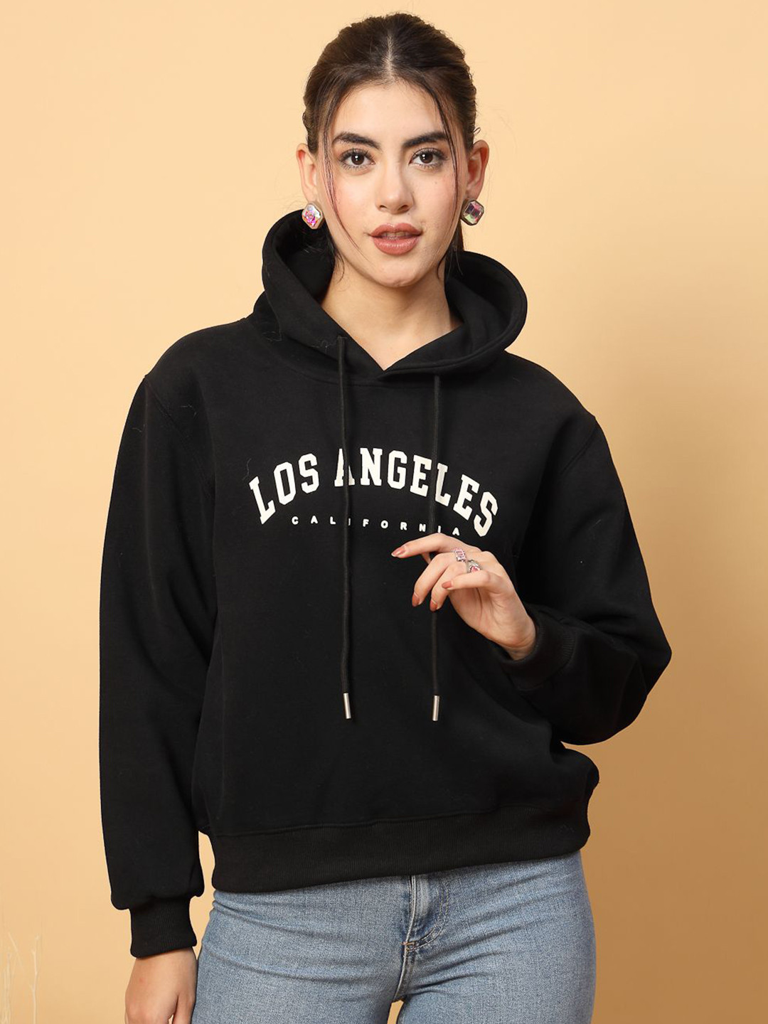 

Mafadeny Women Printed Hooded Sweatshirt, Black