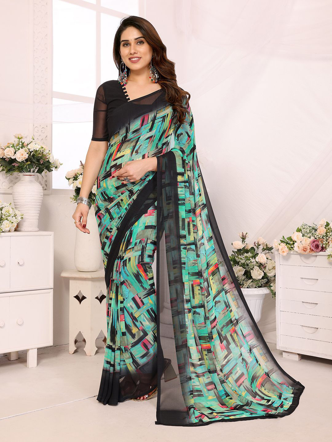 

ANAND SAREES Abstract Printed Saree With Blouse Piece, Blue