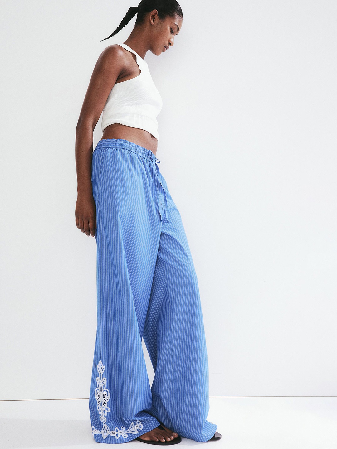 

H&M Women Embroidered Pure Cotton Trousers, Blue