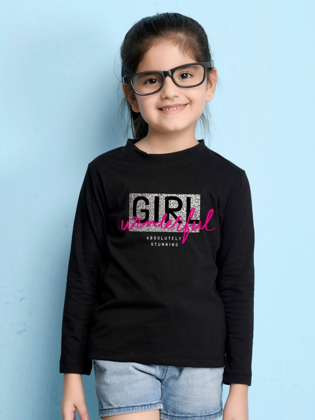 

NUSYL Girls Typography Printed Round Neck Cotton T-shirt, Black