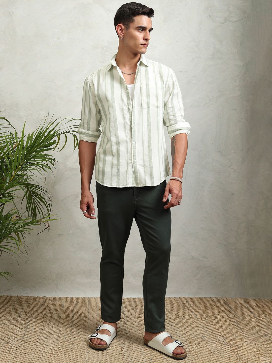 

HIGHLANDER Men Off olive Dobby Textured Striped Relaxed Shirt, Off white