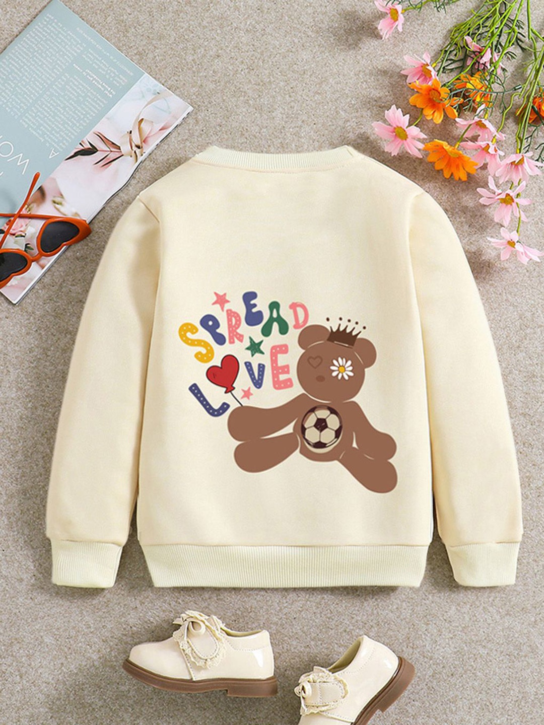 

INCLUD Girls Graphic Printed Round Neck Polyetser Pullover Sweatshirt, Beige