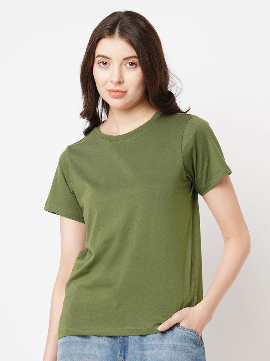 

The Roadster Lifestyle Co. Women Solid Round Neck Cotton T-shirt, Green