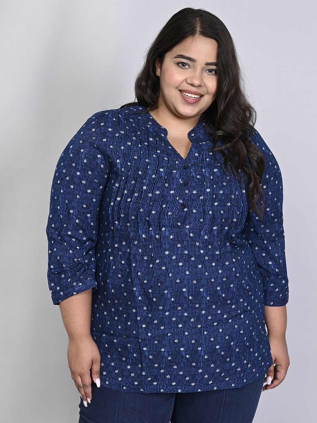 

Sztori Women Polka Dots Printed Mandarin Collar Plus Size Top, Navy blue