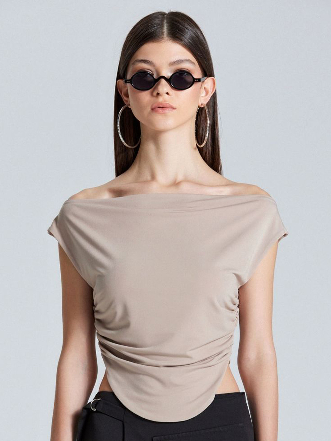 

ZOMODA Women Solid Boat Neck Top, Beige