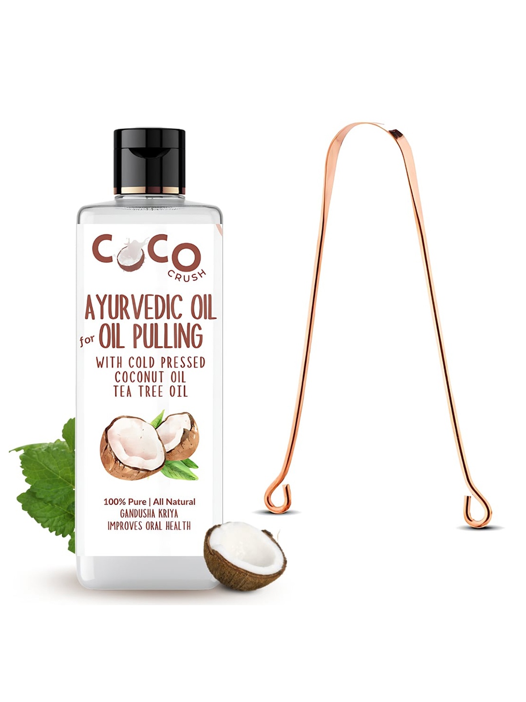 

Coco Crush Ayurvedic Coconut Oil & Tea Tree Oil For Oil Pulling With Tongue Cleaner-200ml, Transparent