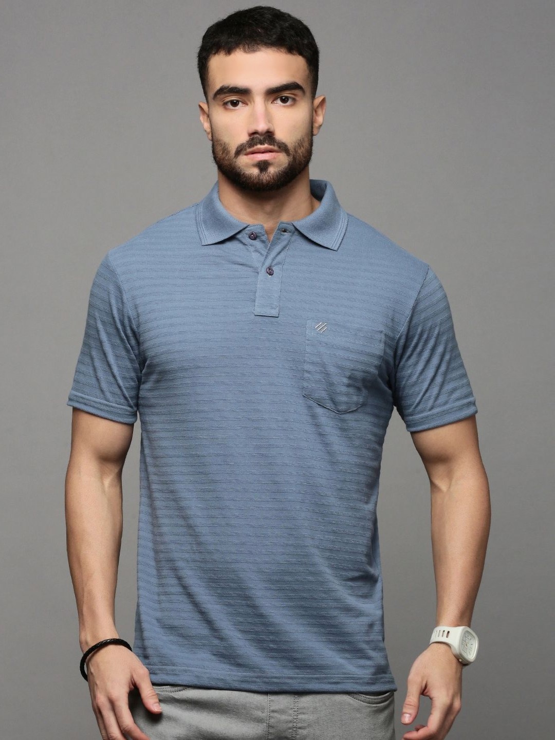 

ONN Men Self Design Polo Collar Cotton T-shirt, Blue