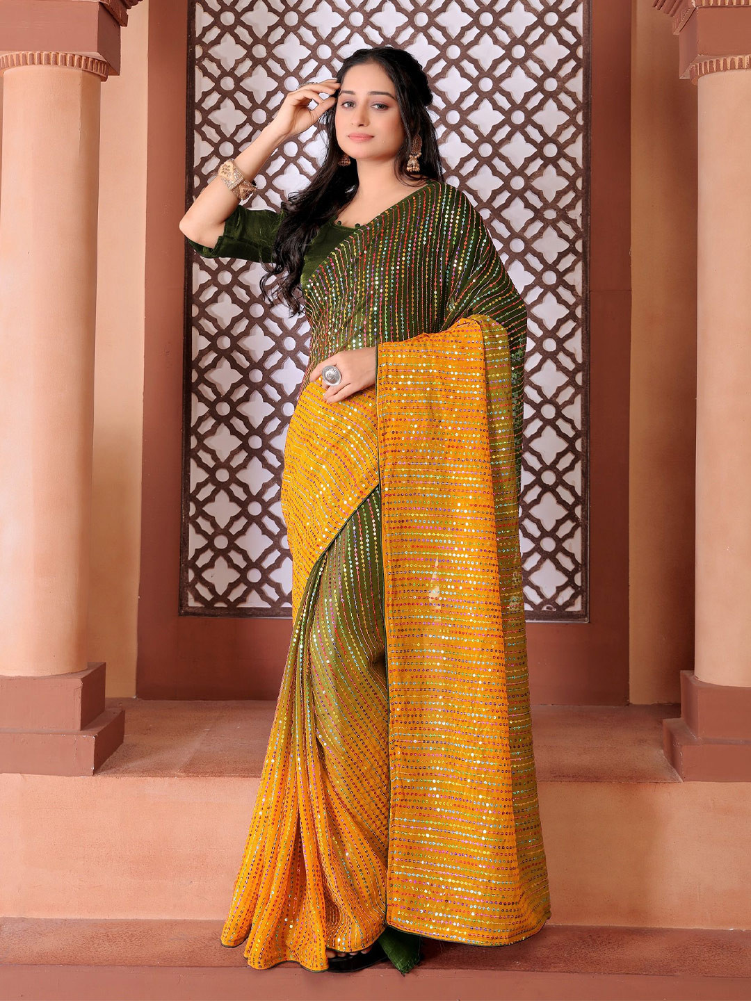 

BYUTIFY Embellished Sequinned Pure Georgette Saree, Green