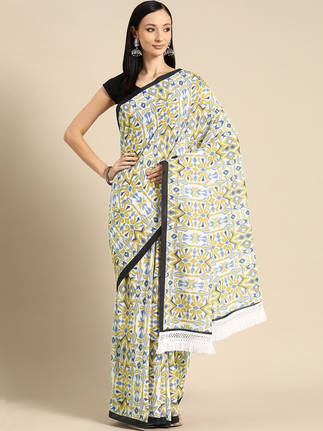 

BUTA BUTI Ethnic Motifs Printed Pure Cotton Saree, White