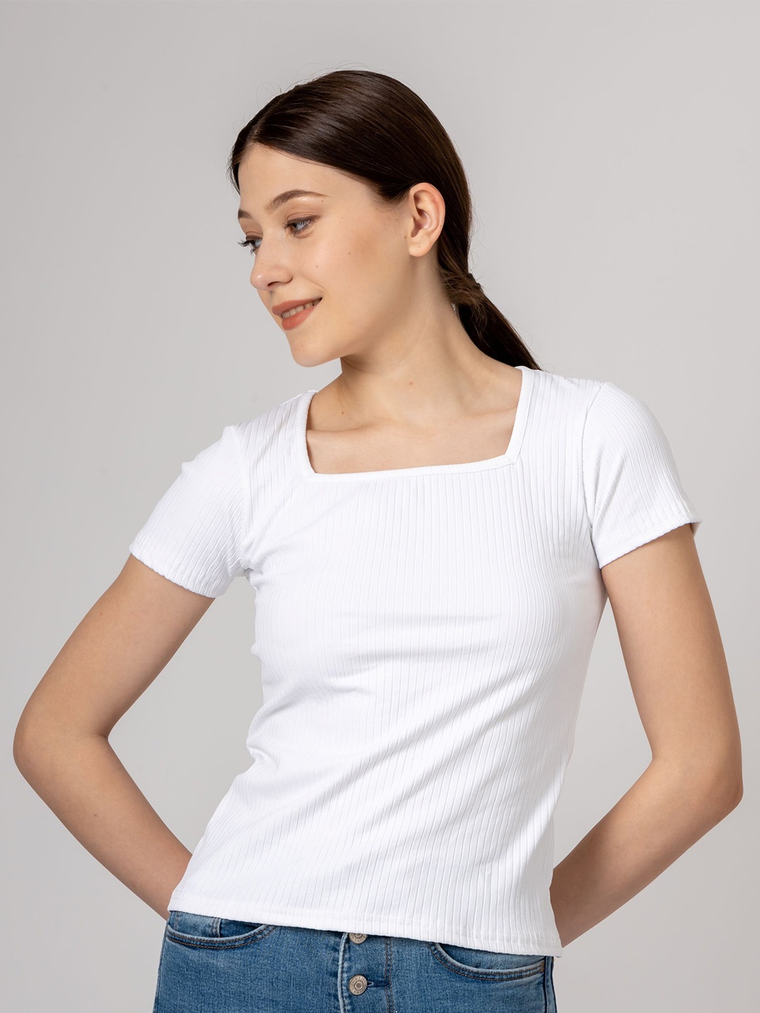 

Redamancii Women Vertical Striped Square Neck Polycotton Top, White