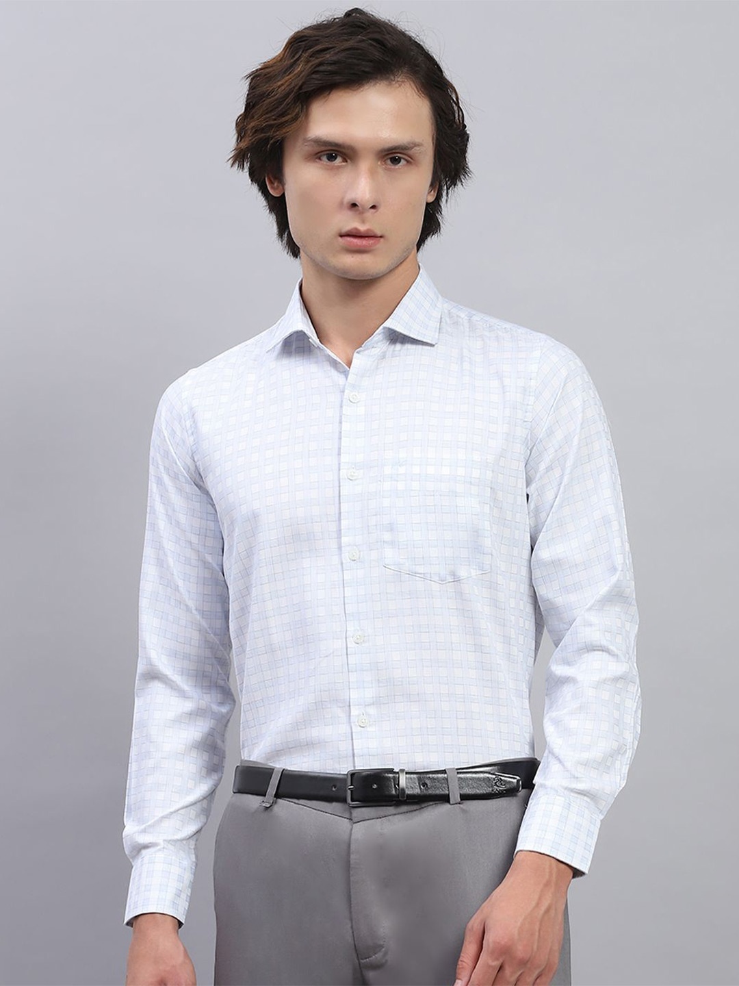 

Monte Carlo Men Spread Collar Checked Cotton Formal Shirt, Blue