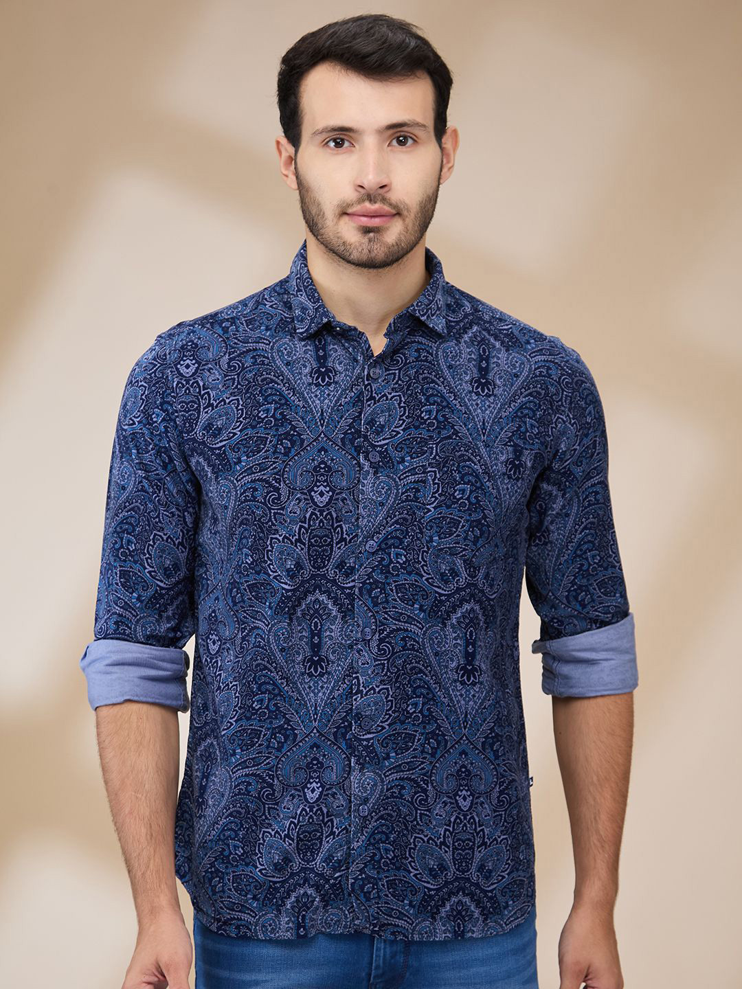 

Parx Men Spread Collar Floral Printed Cotton Slim Fit Casual Shirt, Blue