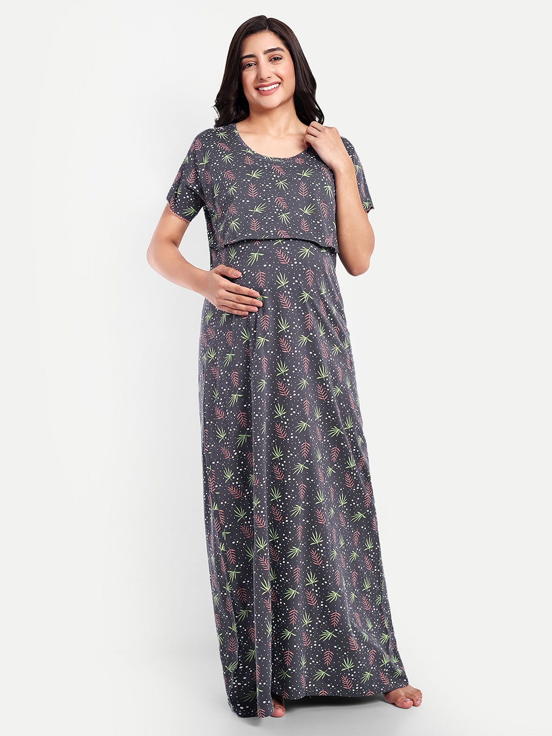 

THE MAMA KLUB Women Printed Maternity Maxi Nightdress, Grey
