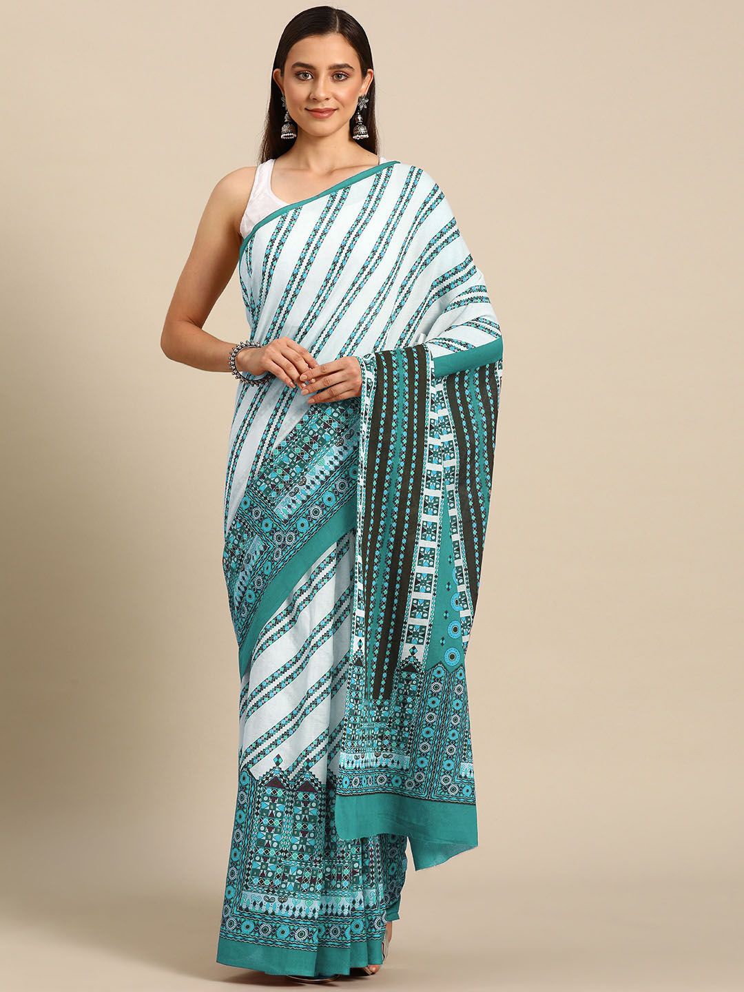 

BUTA BUTI Ethnic Motifs Printed Pure Cotton Saree, Sea green
