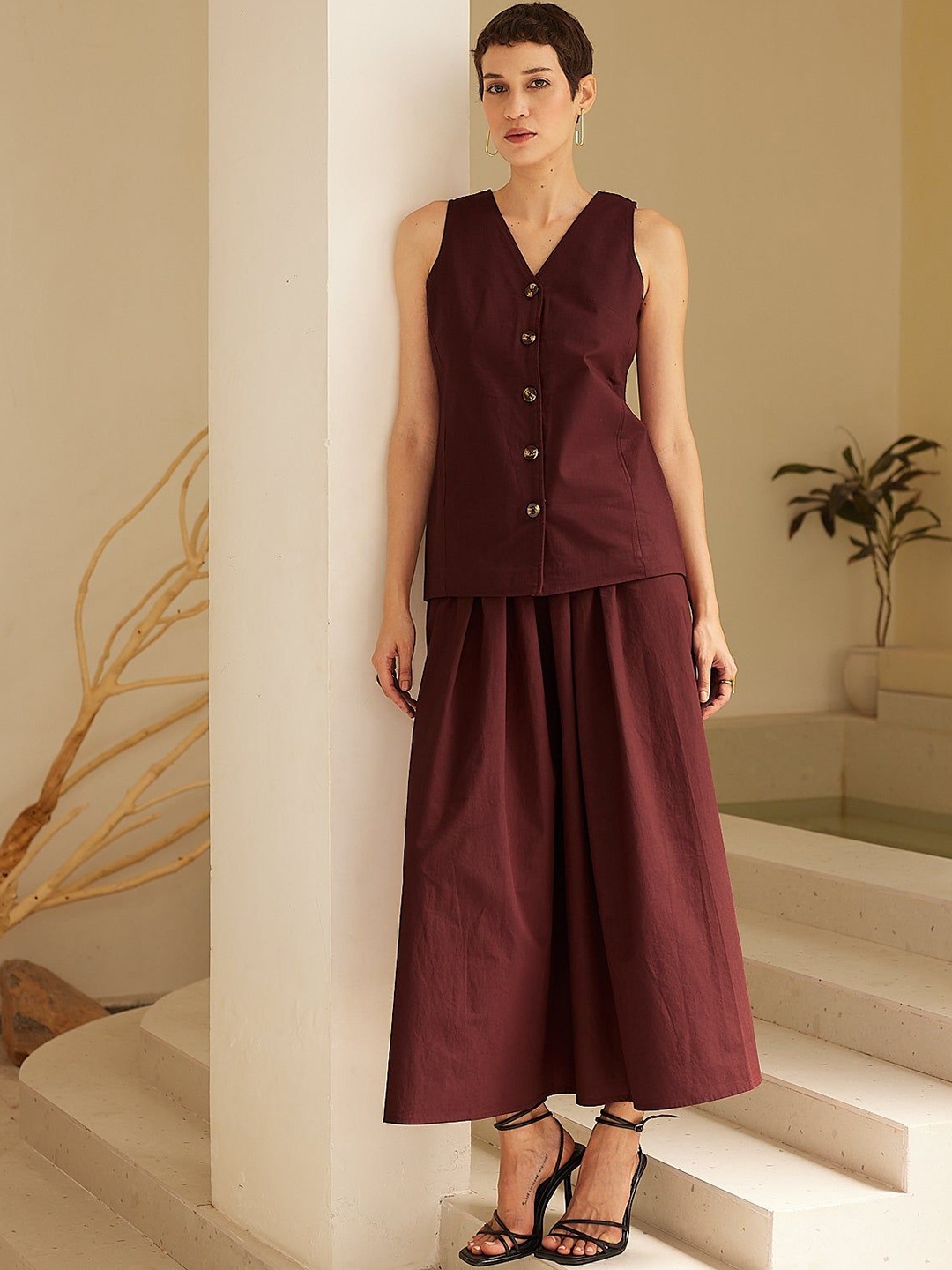 

Sage by Mala Amber Linen Waistcoat With Palazzo, Maroon