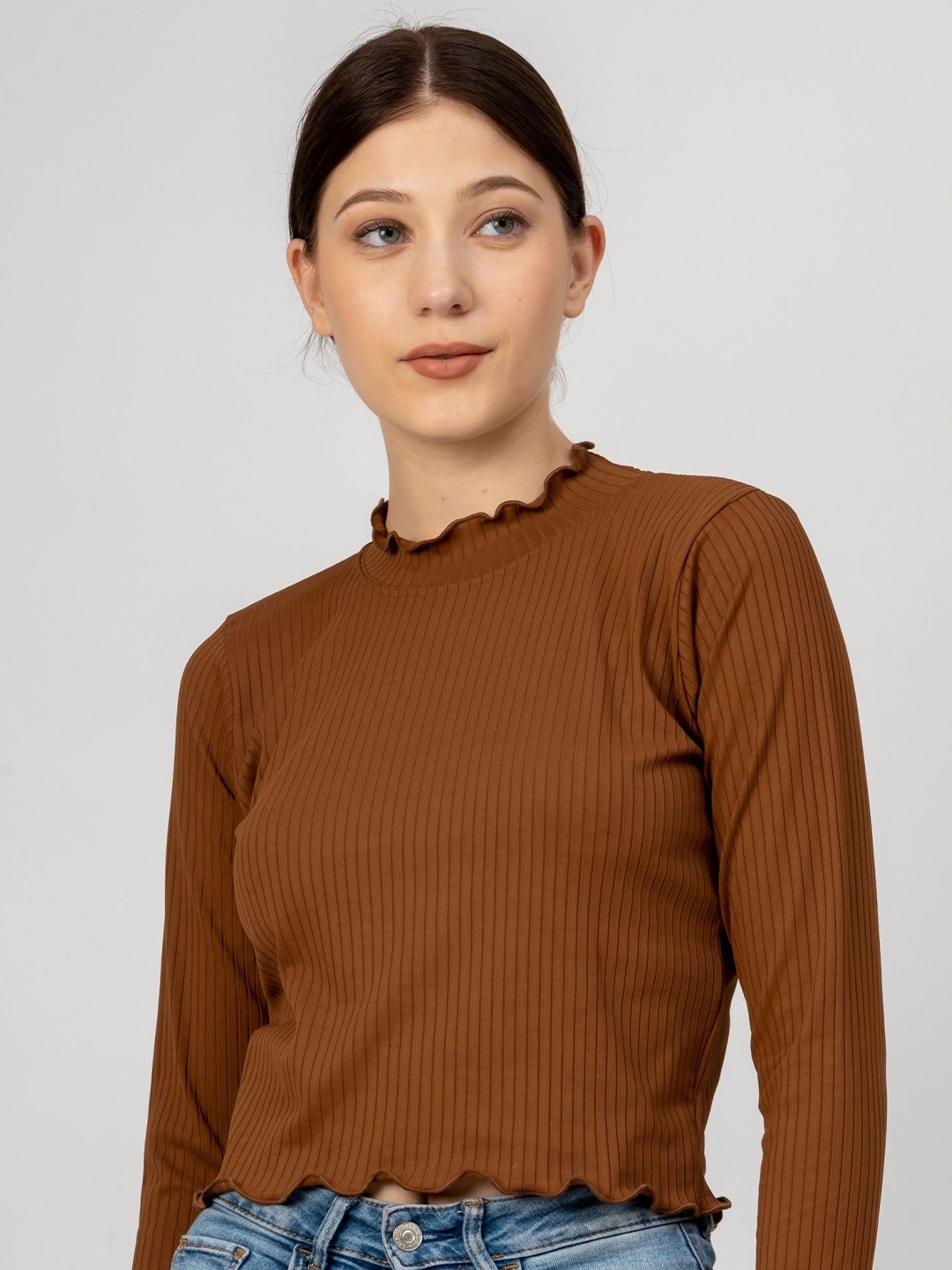 

Redamancii Women Vertical Striped High Neck Polycotton Top, Coffee brown