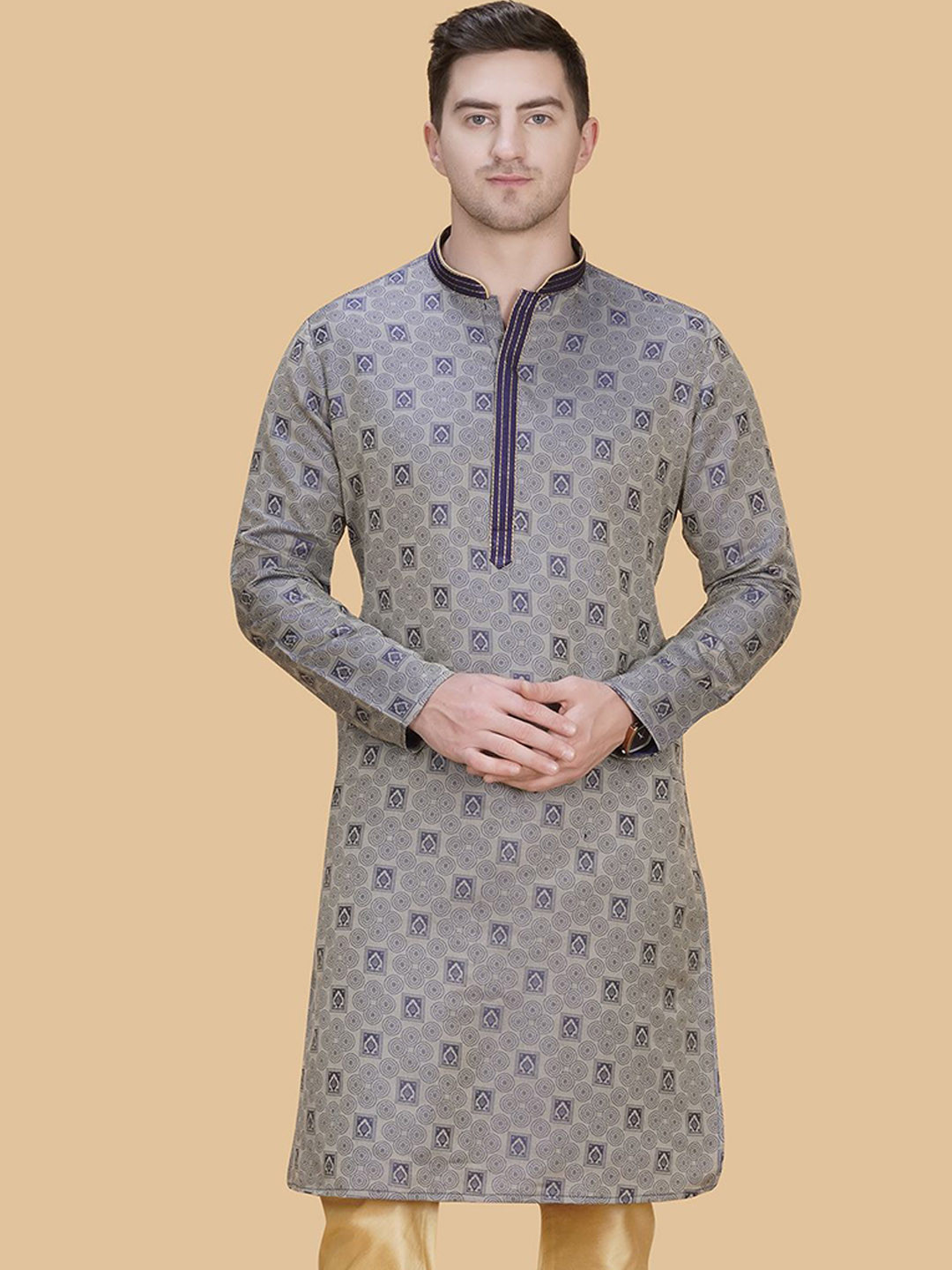 

LA'SCOOT Ethnic Motifs Woven Design Straight Pure Cotton Kurta with Churidar, Navy blue