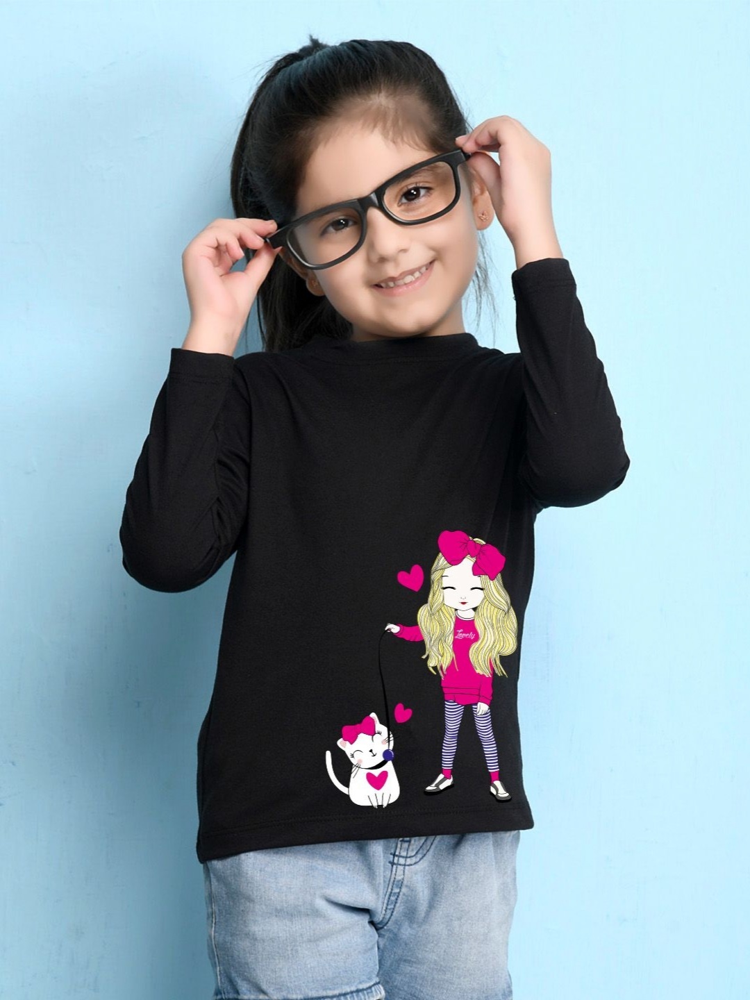 

NUSYL Girls Graphic Printed Round Neck Cotton T-shirt, Black