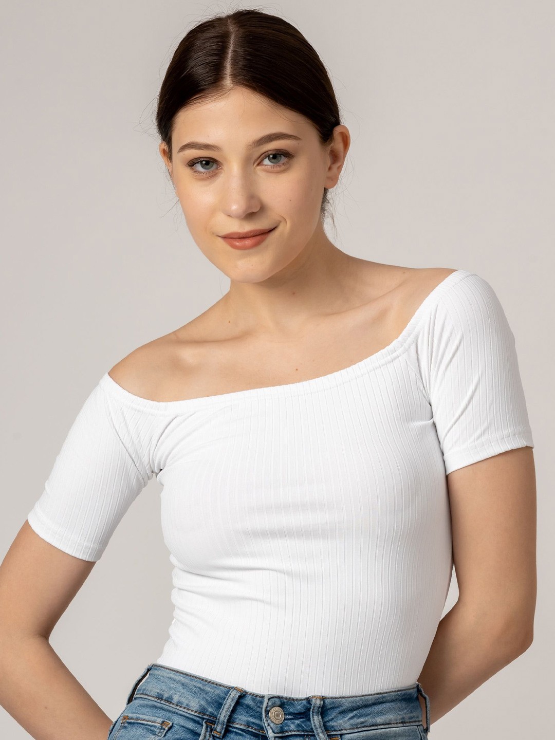 

Redamancii Women Vertical Striped Off-Shoulder Polycotton Top, White