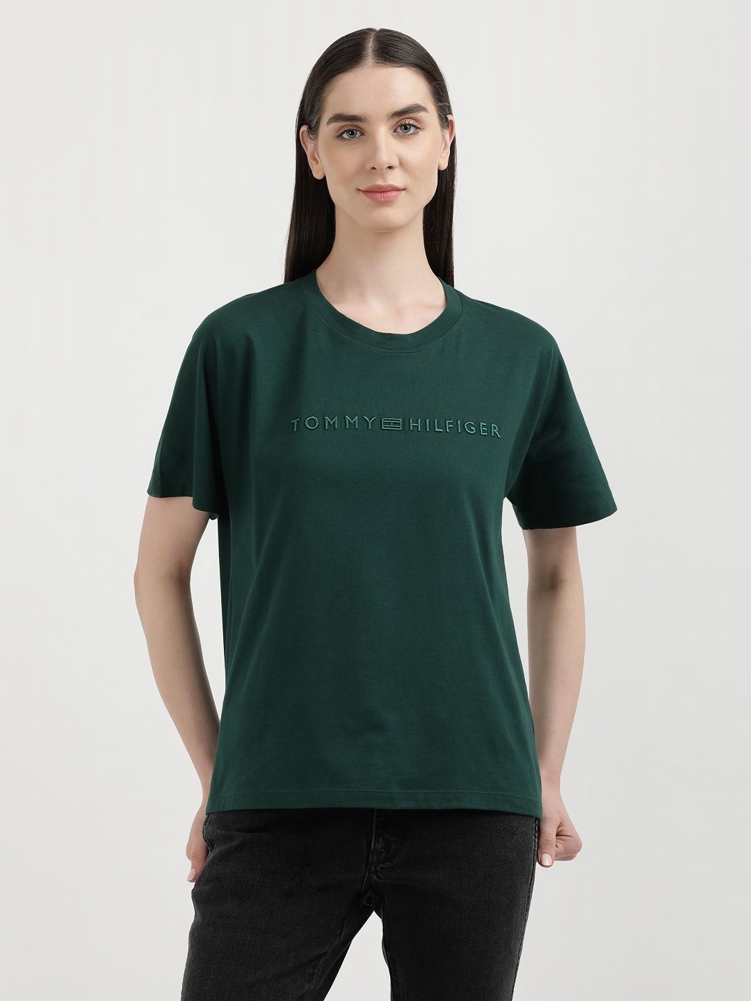 

Tommy Hilfiger Women Brand Logo Printed Round Neck Organic Cotton T-shirt, Green