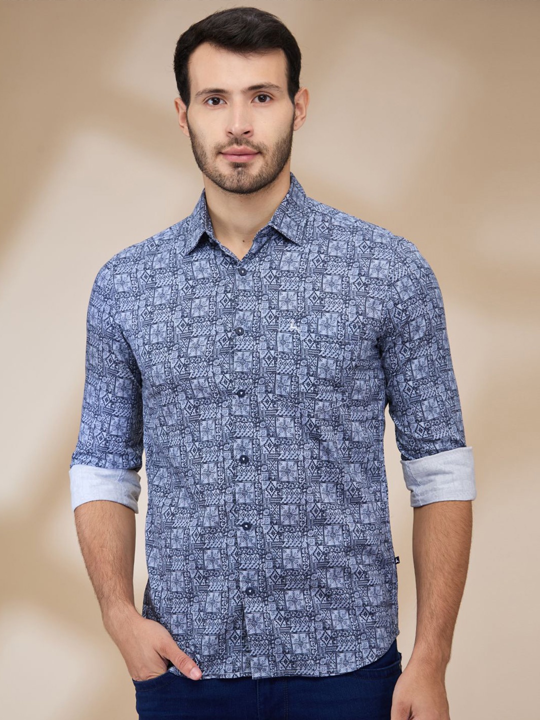 

Parx Men Spread Collar Abstract Printed Cotton Slim Fit Casual Shirt, Blue