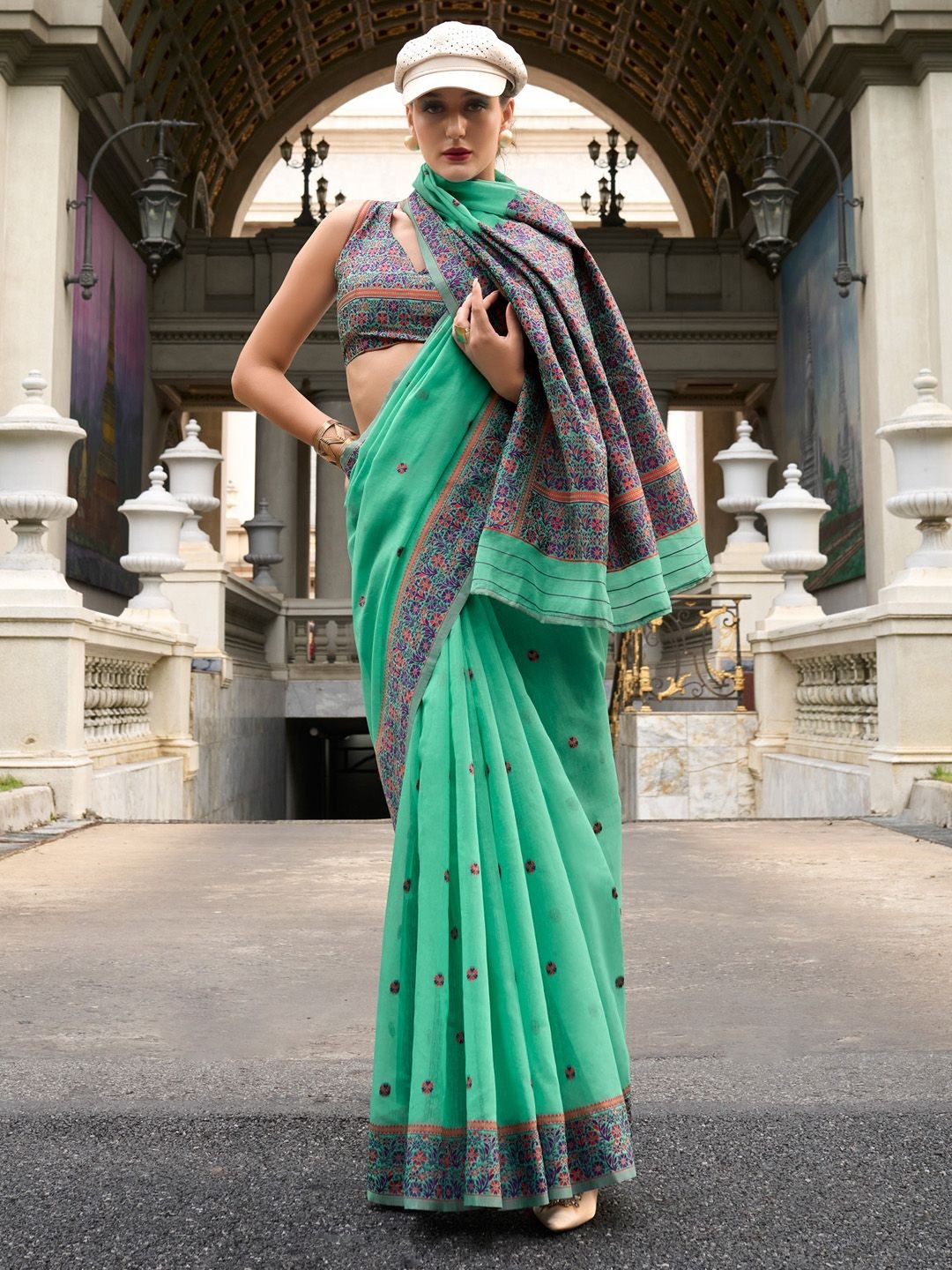 

Anouk Ethnic Motifs Woven Design Saree, Turquoise blue