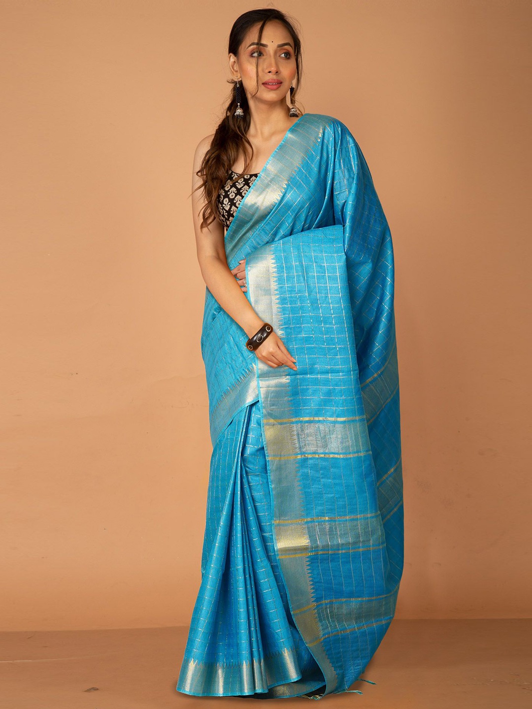 

Unnati Silks Woven Design Zari Silk Cotton Handloom Chanderi Saree, Blue