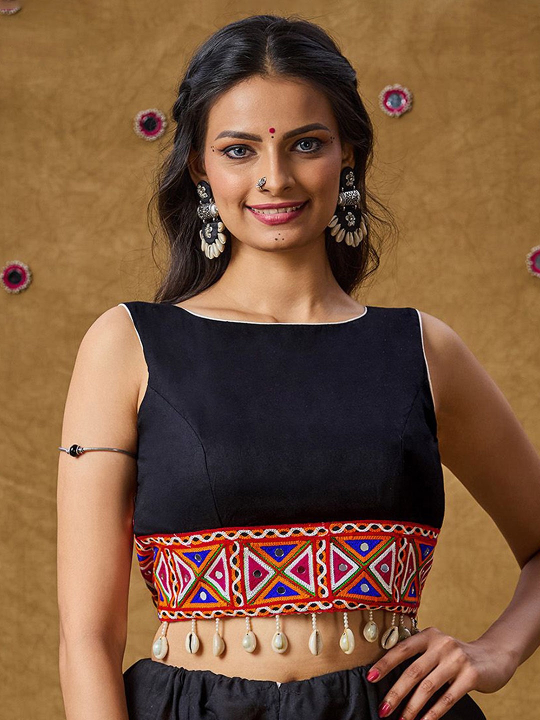 

SALWAR STUDIO Garba Embroidered Padded Cotton Saree Blouse, Black