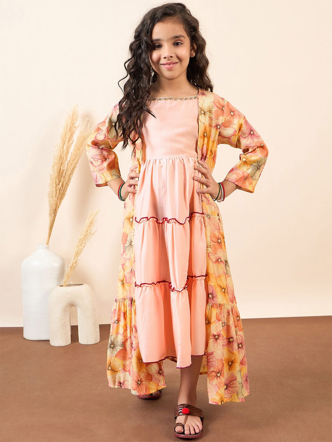 

Stylo Bug Girls Bell Sleeve Fit & Flare Midi Dress With Shrug, Pink