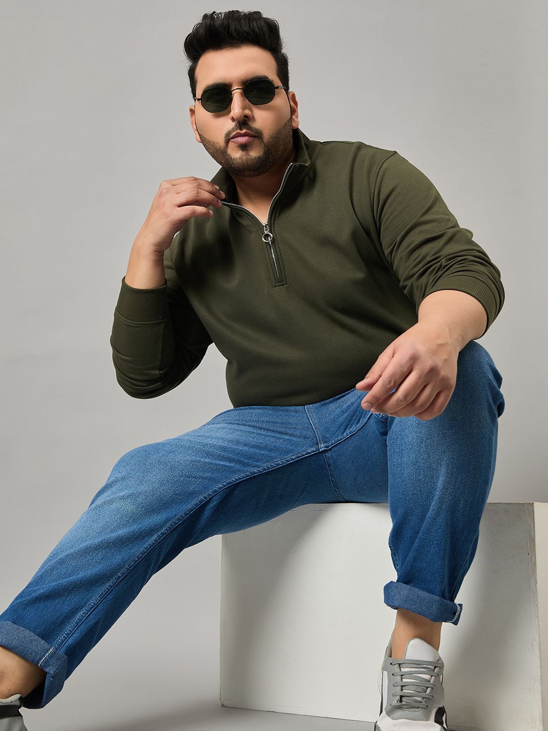 

Club York Men Plus Size Mock Collar Cotton Sweatshirt, Olive