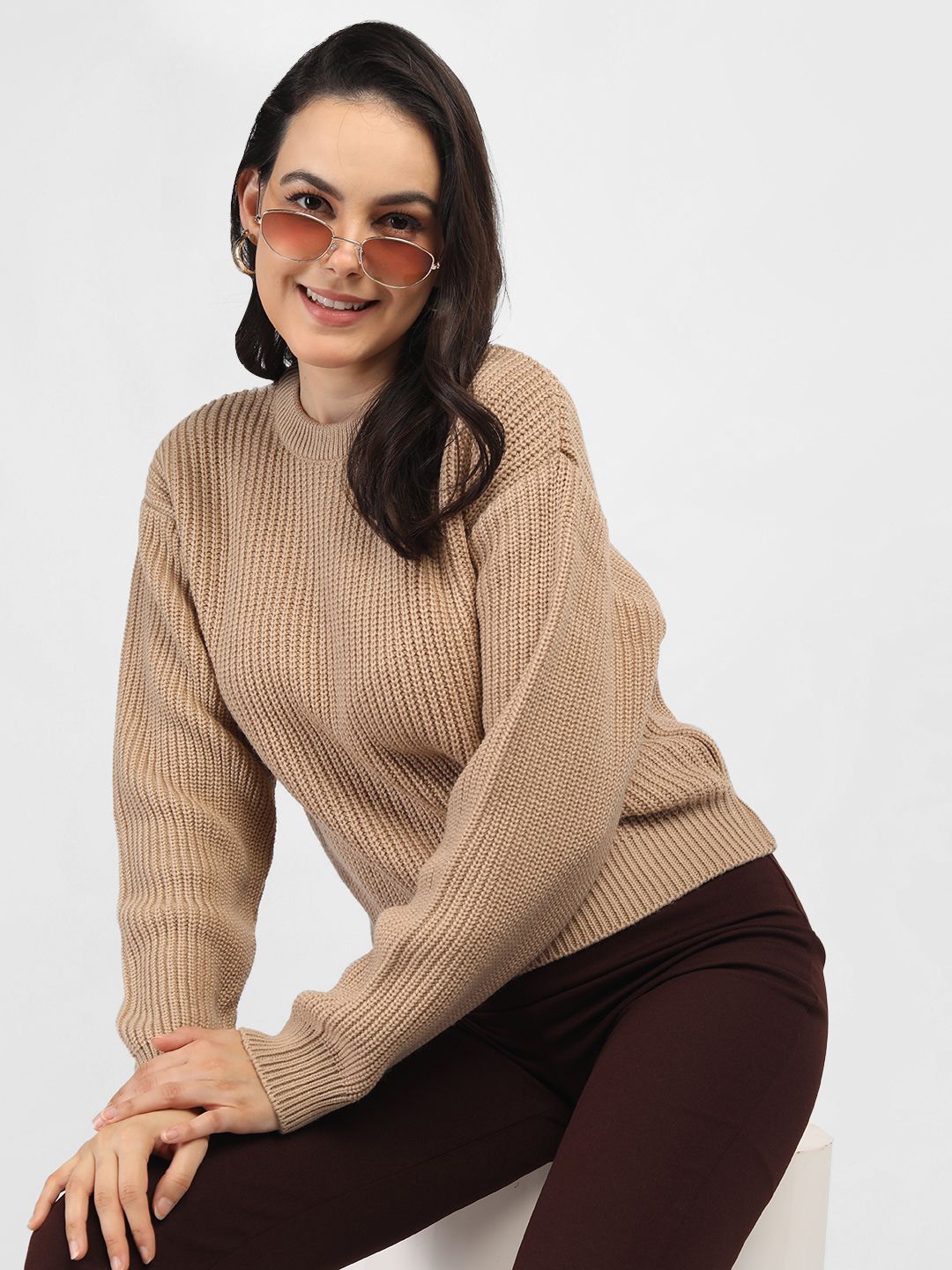 

CHKOKKO Women Cable Knit Woollen Pullover, Beige