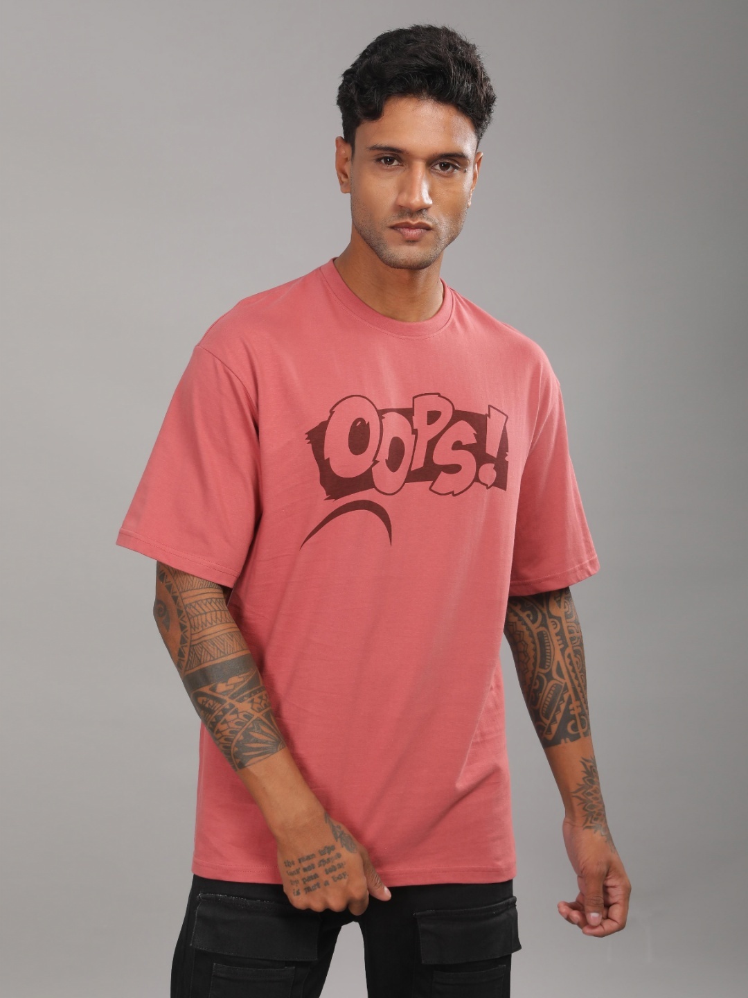 

TOMHIDDLE Men Graphic Printed Round Neck Cotton Oversized T-shirt, Pink