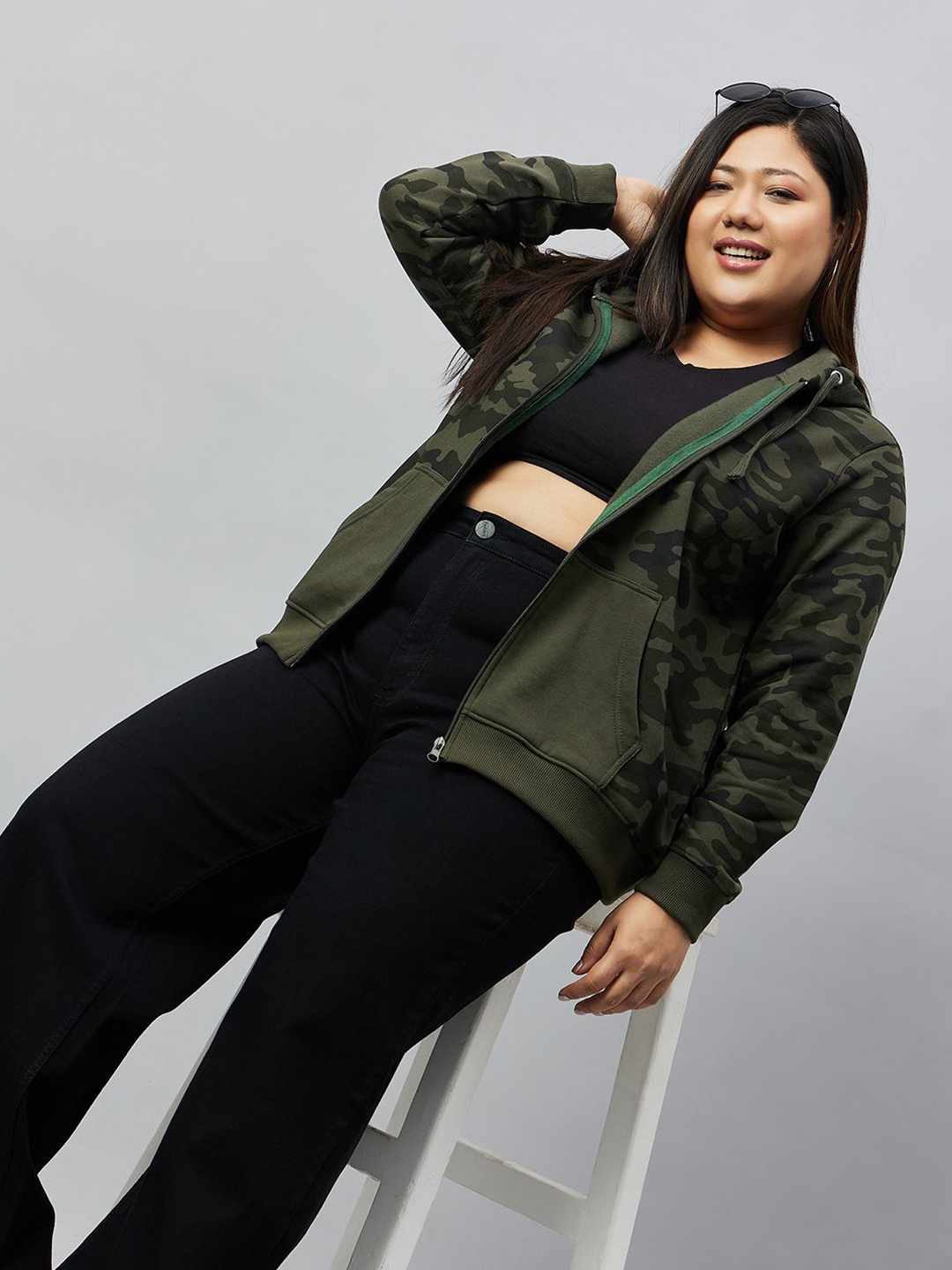 

Club York Women Plus Size Camouflage Printed Hooded Front-Open Sweatshirt, Olive