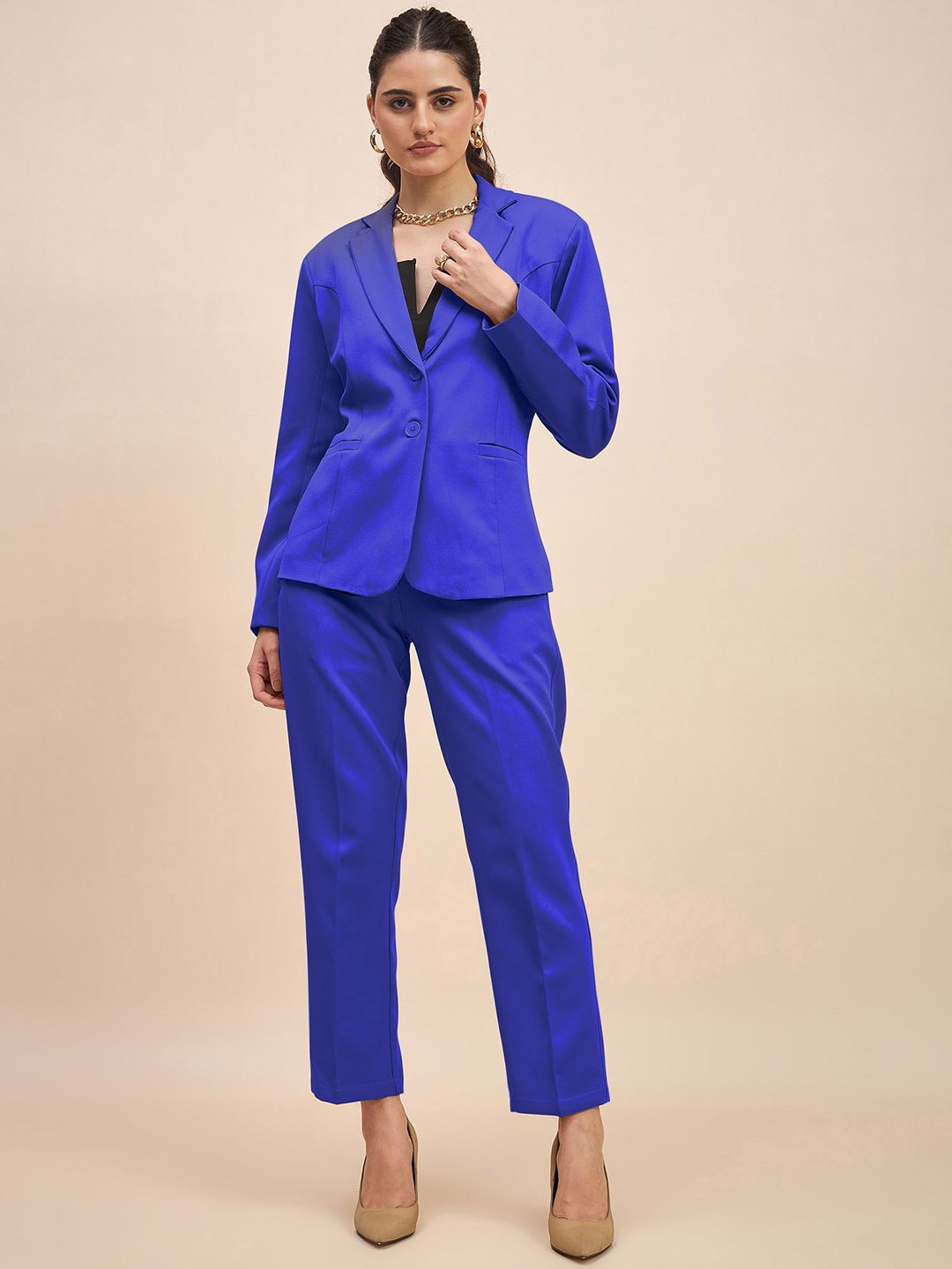 

BRINNS Women Notched Collar Single-Breasted Two-Piece Suit, Blue